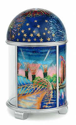 “Singapore Skyline” Unique dome clock with its intricate detailing and vibrant artwork