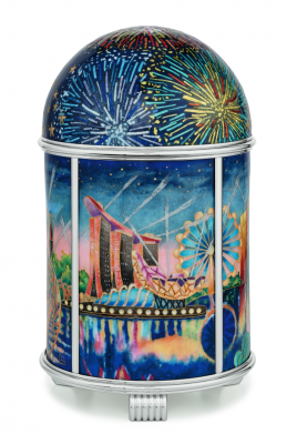 “Singapore Skyline” Unique dome clock with its intricate detailing and vibrant artwork